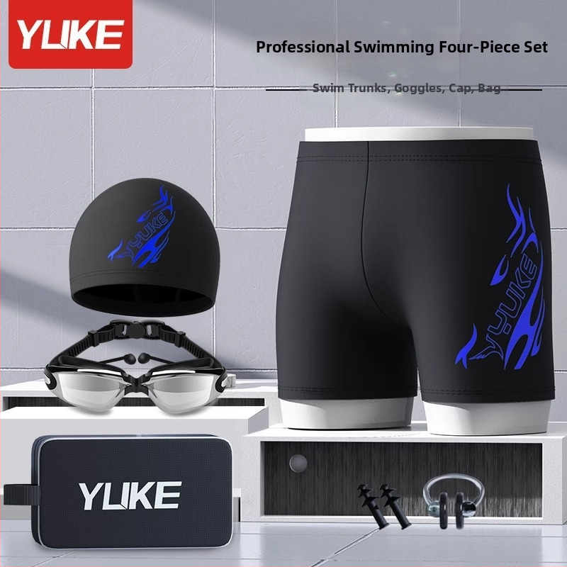 Pánsky plavecký set s plavkami, plaveckými okuliarmi a čiapkou – polyesterová tkanina, potlačený vzor, podšívka z polyesteru; vhodný na plávanie a vodné športy.