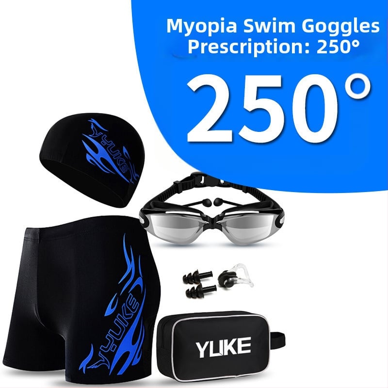 Vyrų maudymosi komplektas su maudymosi šortais, plaukimo akiniais ir kepure – poliesterio audinys, spausdintas raštas, poliesterio įdėklas; tinkamas plaukimui ir vandens sportams.