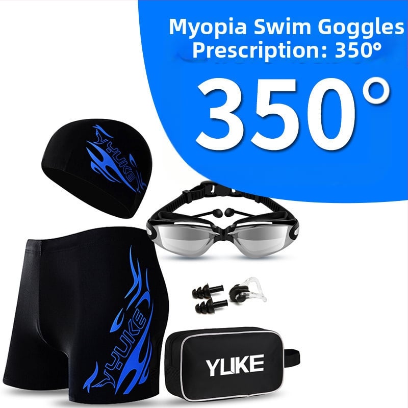 Vyrų maudymosi komplektas su maudymosi šortais, plaukimo akiniais ir kepure – poliesterio audinys, spausdintas raštas, poliesterio įdėklas; tinkamas plaukimui ir vandens sportams.