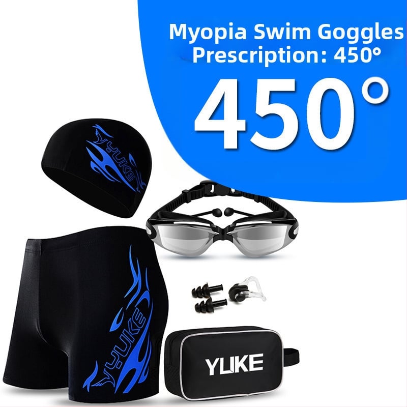 Vyrų maudymosi komplektas su maudymosi šortais, plaukimo akiniais ir kepure – poliesterio audinys, spausdintas raštas, poliesterio įdėklas; tinkamas plaukimui ir vandens sportams.