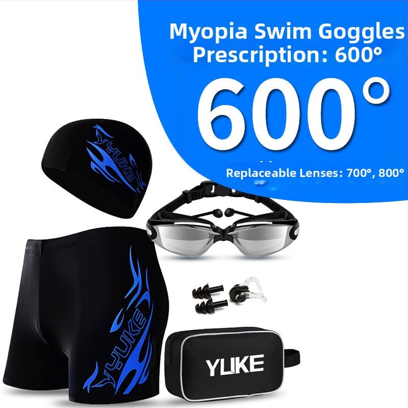 Vyrų maudymosi komplektas su maudymosi šortais, plaukimo akiniais ir kepure – poliesterio audinys, spausdintas raštas, poliesterio įdėklas; tinkamas plaukimui ir vandens sportams.