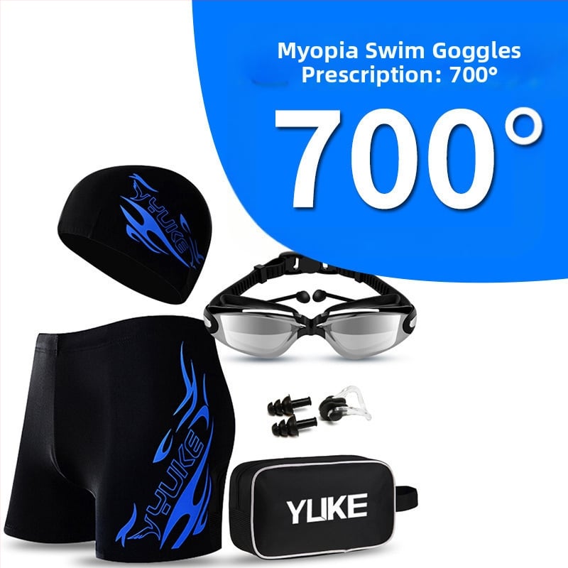 Vyrų maudymosi komplektas su maudymosi šortais, plaukimo akiniais ir kepure – poliesterio audinys, spausdintas raštas, poliesterio įdėklas; tinkamas plaukimui ir vandens sportams.