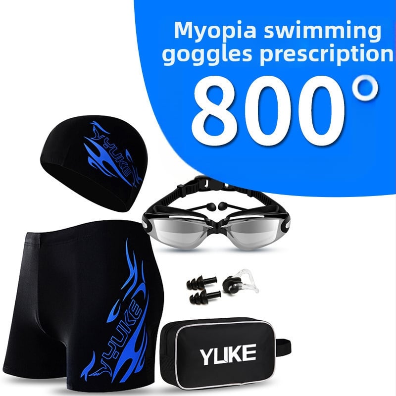 Vyrų maudymosi komplektas su maudymosi šortais, plaukimo akiniais ir kepure – poliesterio audinys, spausdintas raštas, poliesterio įdėklas; tinkamas plaukimui ir vandens sportams.