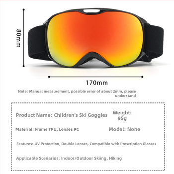 Vaikų sferiniai slidinėjimo akiniai, dviejų sluoksnių TPU/PC, prieš migą, vėjo atsparūs, akių apsauga