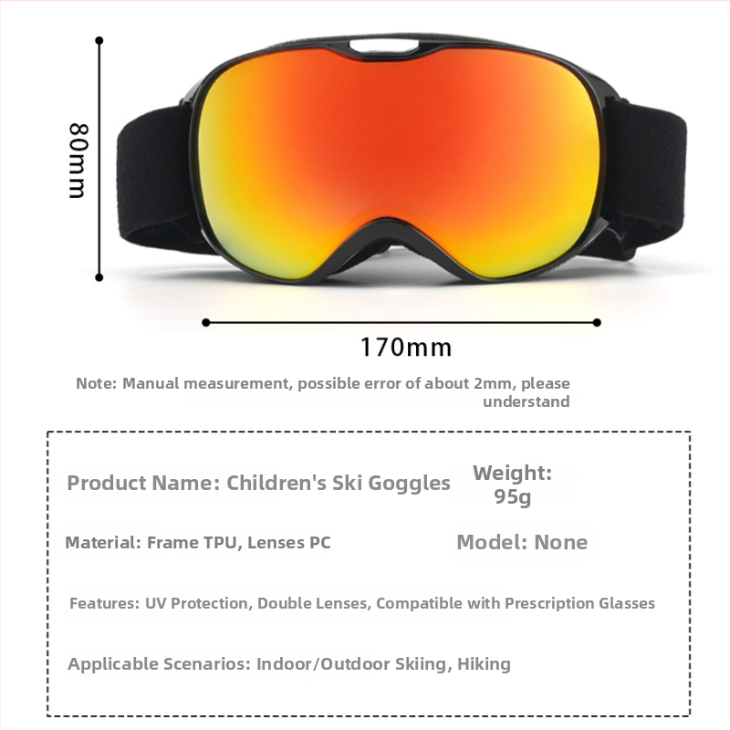 Vaikų sferiniai slidinėjimo akiniai, dviejų sluoksnių TPU/PC, prieš migą, vėjo atsparūs, akių apsauga