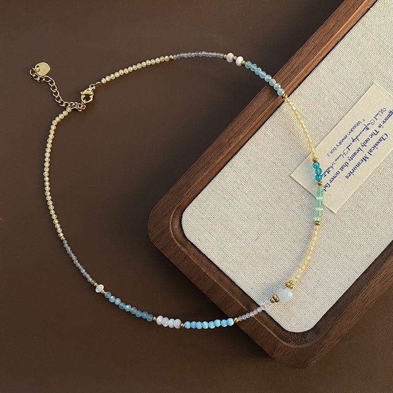 Kaklo vėrinys su natūraliu akmeniu, rankų darbo pakabukas iš titano plieno, rutulinė grandinė, apimtis 31–40 cm, geometrinis dizainas.