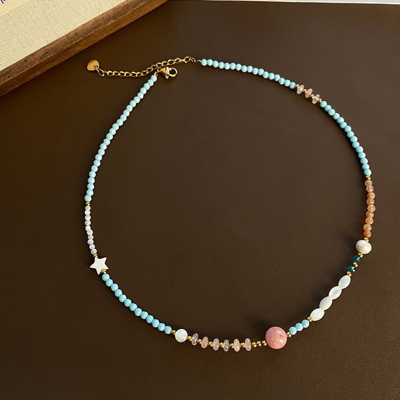 Kaklo vėrinys su natūraliu akmeniu, rankų darbo pakabukas iš titano plieno, rutulinė grandinė, apimtis 31–40 cm, geometrinis dizainas.