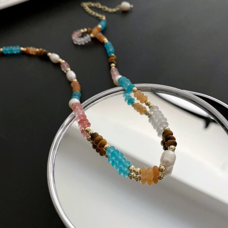 Kaklo vėrinys su natūraliu akmeniu, rankų darbo pakabukas iš titano plieno, rutulinė grandinė, apimtis 31–40 cm, geometrinis dizainas.