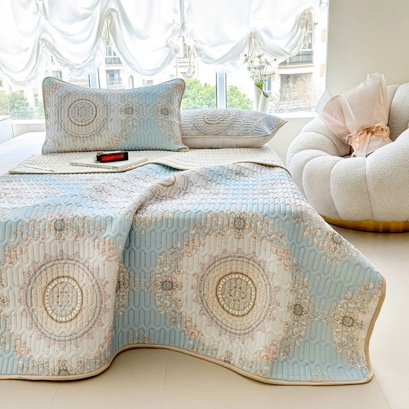 Natūralus latekso vėsinimo kilimėlis, trijų dalių komplektas, šilkinės švelnios paviršius, vasaros komfortui, latekso turinys 90%+, spausdinta pynė