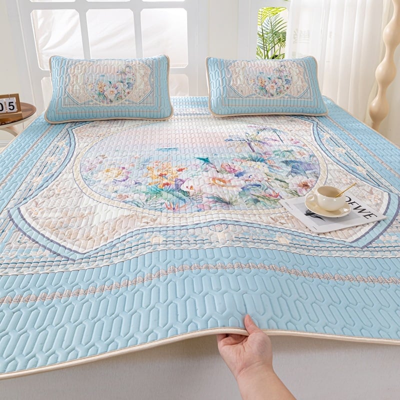 Natūralus latekso vėsinimo kilimėlis, trijų dalių komplektas, šilkinės švelnios paviršius, vasaros komfortui, latekso turinys 90%+, spausdinta pynė