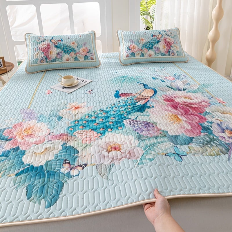 Natūralus latekso vėsinimo kilimėlis, trijų dalių komplektas, šilkinės švelnios paviršius, vasaros komfortui, latekso turinys 90%+, spausdinta pynė