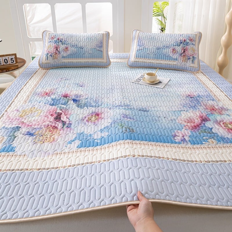 Natūralus latekso vėsinimo kilimėlis, trijų dalių komplektas, šilkinės švelnios paviršius, vasaros komfortui, latekso turinys 90%+, spausdinta pynė