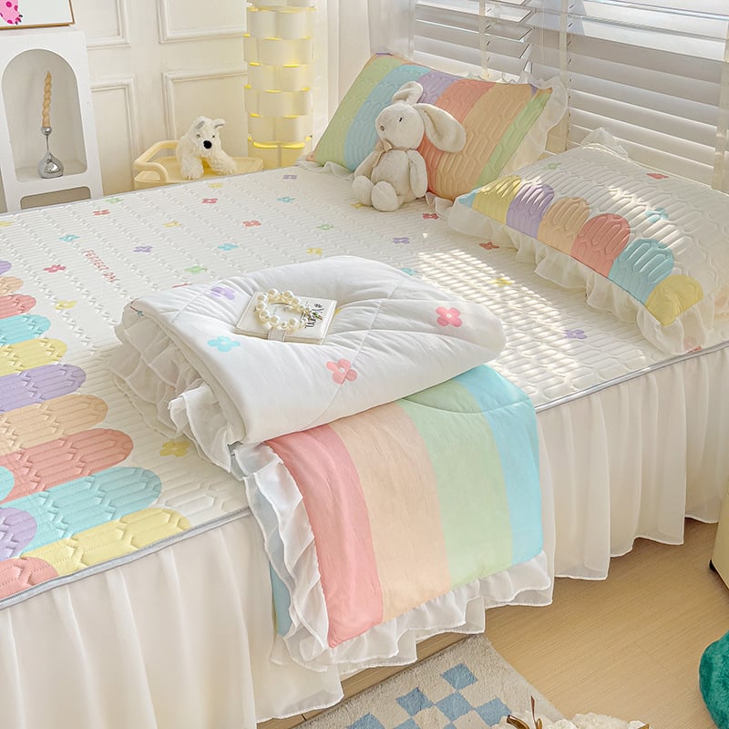 Latekso vėsinantis komplektas lovai — 4 dalių užvalkalų rinkinys + 3 dalių ledo šilko kilimėlis, šiuolaikinis minimalistinis stilius, spausdinta audinys