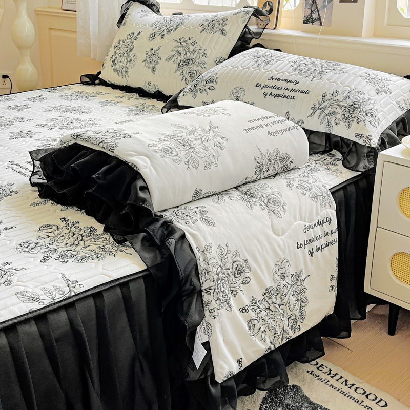 Latekso vėsinantis komplektas lovai — 4 dalių užvalkalų rinkinys + 3 dalių ledo šilko kilimėlis, šiuolaikinis minimalistinis stilius, spausdinta audinys