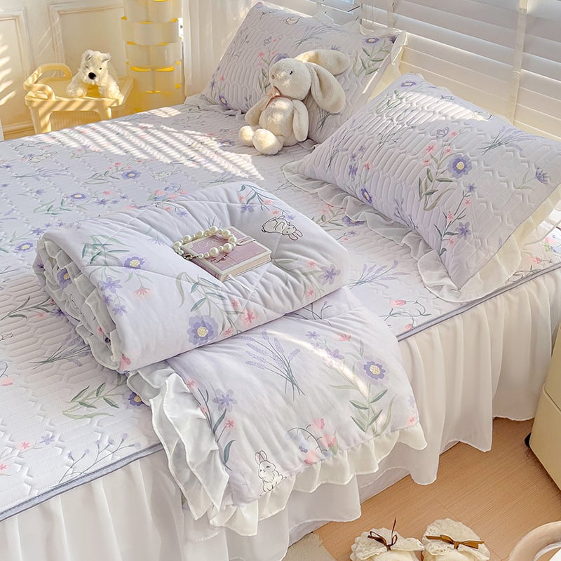 Latekso vėsinantis komplektas lovai — 4 dalių užvalkalų rinkinys + 3 dalių ledo šilko kilimėlis, šiuolaikinis minimalistinis stilius, spausdinta audinys