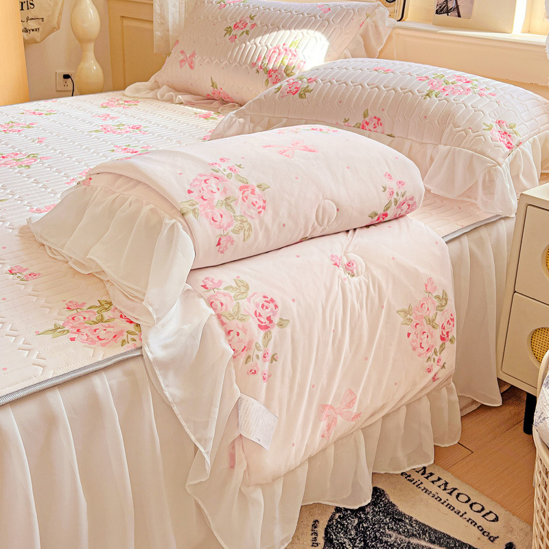 Latekso vėsinantis komplektas lovai — 4 dalių užvalkalų rinkinys + 3 dalių ledo šilko kilimėlis, šiuolaikinis minimalistinis stilius, spausdinta audinys