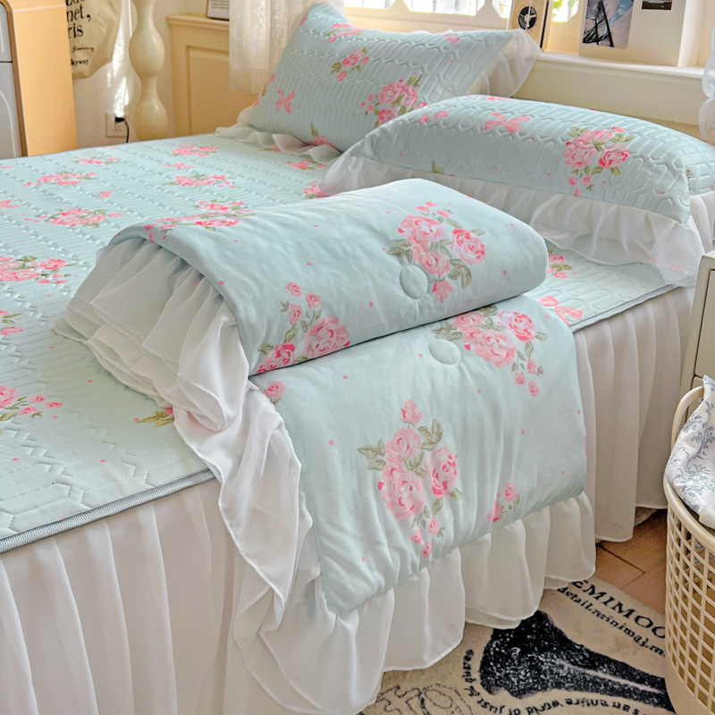 Latekso vėsinantis komplektas lovai — 4 dalių užvalkalų rinkinys + 3 dalių ledo šilko kilimėlis, šiuolaikinis minimalistinis stilius, spausdinta audinys