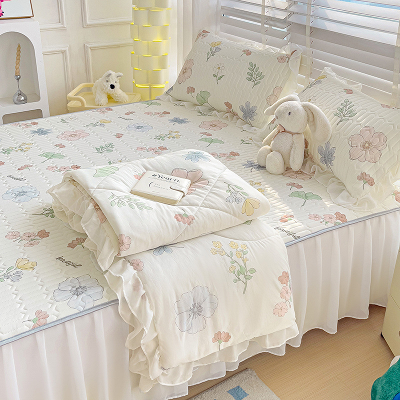 Latekso vėsinantis komplektas lovai — 4 dalių užvalkalų rinkinys + 3 dalių ledo šilko kilimėlis, šiuolaikinis minimalistinis stilius, spausdinta audinys