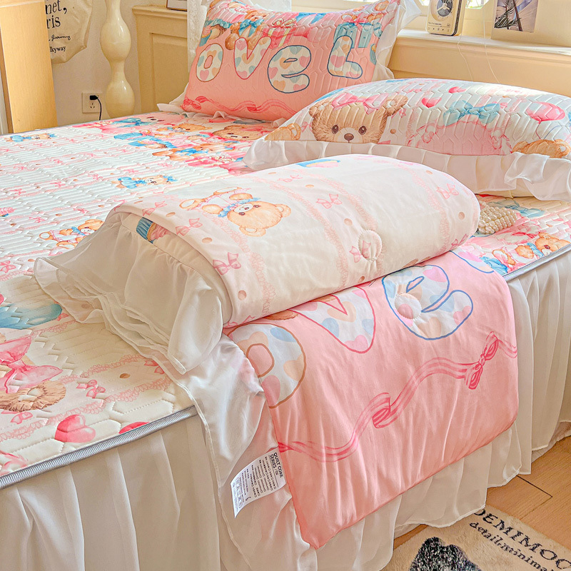 Latekso vėsinantis komplektas lovai — 4 dalių užvalkalų rinkinys + 3 dalių ledo šilko kilimėlis, šiuolaikinis minimalistinis stilius, spausdinta audinys