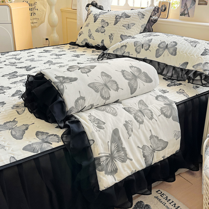 Latekso vėsinantis komplektas lovai — 4 dalių užvalkalų rinkinys + 3 dalių ledo šilko kilimėlis, šiuolaikinis minimalistinis stilius, spausdinta audinys