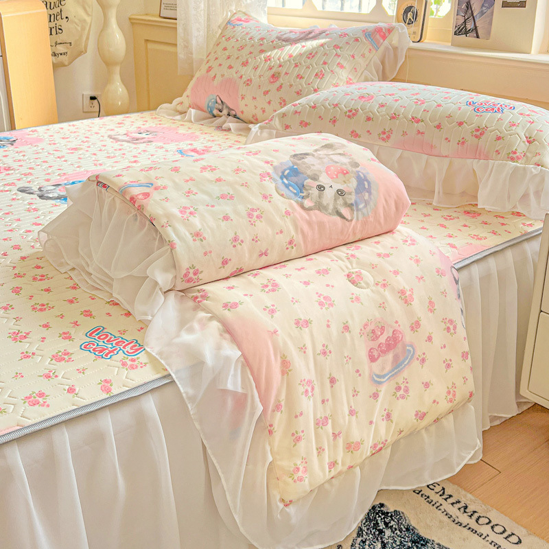 Latekso vėsinantis komplektas lovai — 4 dalių užvalkalų rinkinys + 3 dalių ledo šilko kilimėlis, šiuolaikinis minimalistinis stilius, spausdinta audinys