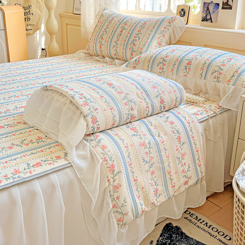 Latekso vėsinantis komplektas lovai — 4 dalių užvalkalų rinkinys + 3 dalių ledo šilko kilimėlis, šiuolaikinis minimalistinis stilius, spausdinta audinys