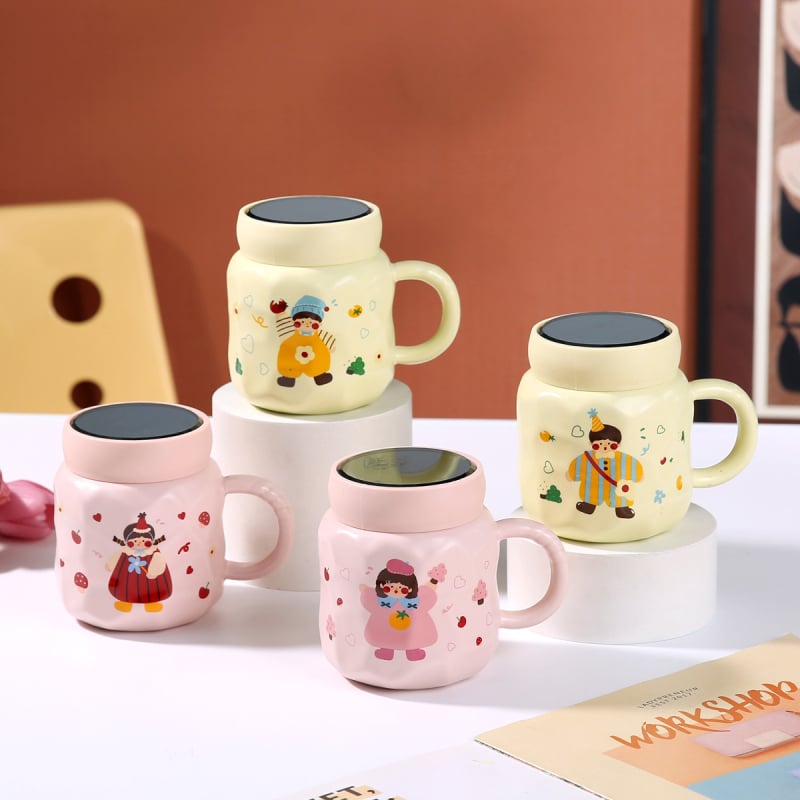 Keraamiline kruus Cartoon Candy Series kaanega kinkekarbis – kolmetosaline komplekt, peegeltaoline viimistlus, mikrolaineohutu