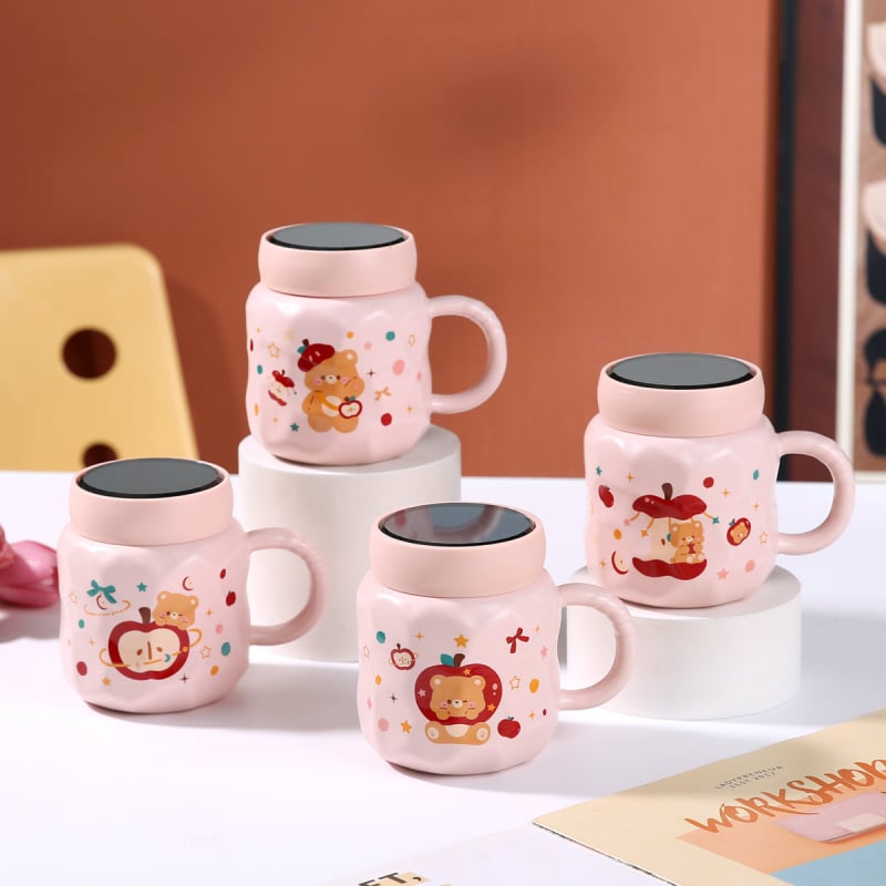 Keraamiline kruus Cartoon Candy Series kaanega kinkekarbis – kolmetosaline komplekt, peegeltaoline viimistlus, mikrolaineohutu