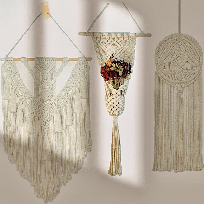 Bohemiai falidísz pamutfonálból, téglalap alakú, modern minimál stílus, fő összetevő pamut 30–40%, másodlagos pamut 90%