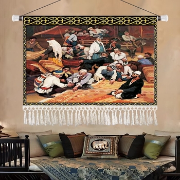 Olajfestmény-stílusú tájkép gobelin, etnikus dekoráció a nappaliba, 100% pamut