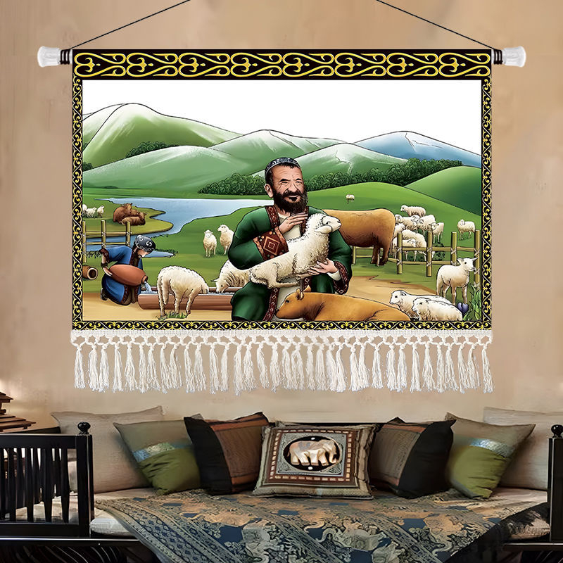 Olajfestmény-stílusú tájkép gobelin, etnikus dekoráció a nappaliba, 100% pamut