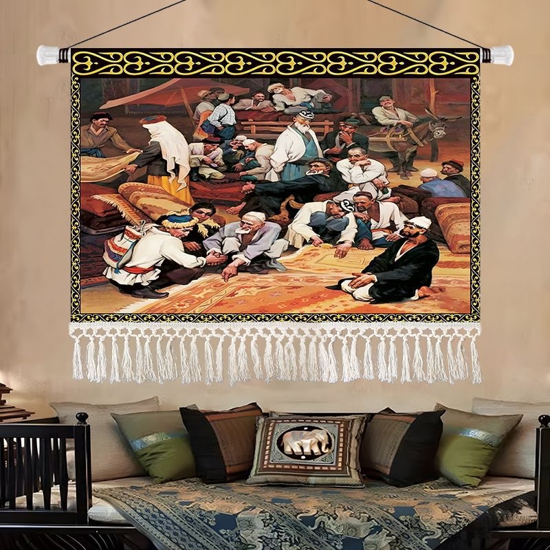 Olajfestmény-stílusú tájkép gobelin, etnikus dekoráció a nappaliba, 100% pamut