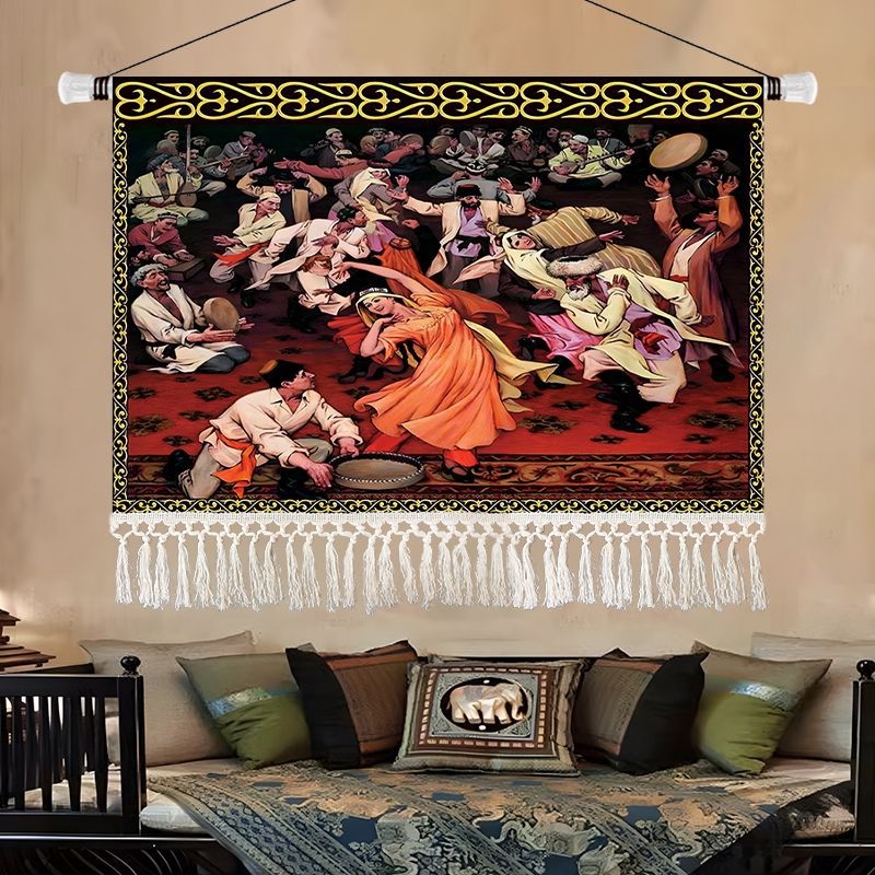 Olajfestmény-stílusú tájkép gobelin, etnikus dekoráció a nappaliba, 100% pamut