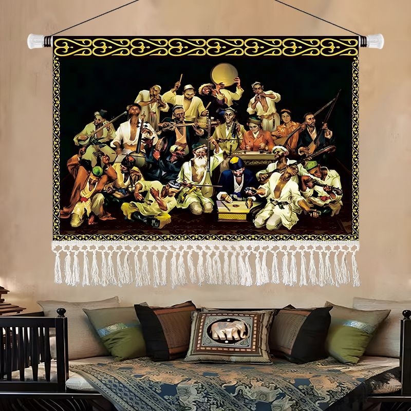 Olajfestmény-stílusú tájkép gobelin, etnikus dekoráció a nappaliba, 100% pamut