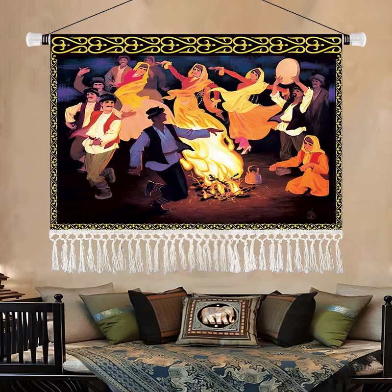 Olajfestmény-stílusú tájkép gobelin, etnikus dekoráció a nappaliba, 100% pamut