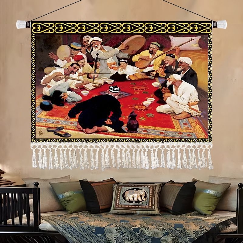 Olajfestmény-stílusú tájkép gobelin, etnikus dekoráció a nappaliba, 100% pamut