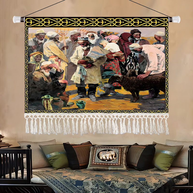 Olajfestmény-stílusú tájkép gobelin, etnikus dekoráció a nappaliba, 100% pamut