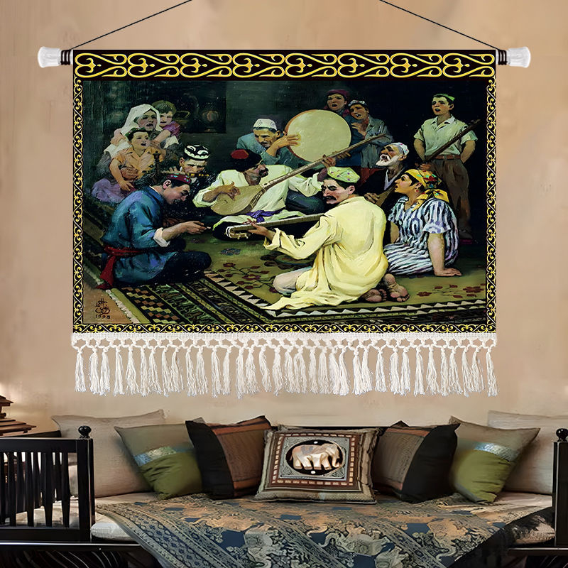 Olajfestmény-stílusú tájkép gobelin, etnikus dekoráció a nappaliba, 100% pamut
