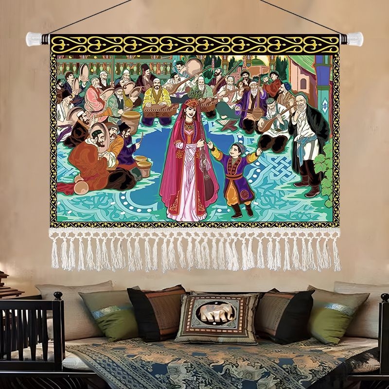 Olajfestmény-stílusú tájkép gobelin, etnikus dekoráció a nappaliba, 100% pamut