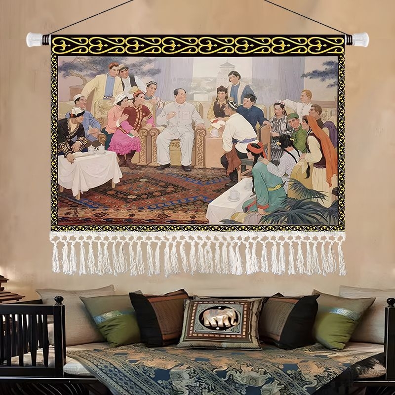 Olajfestmény-stílusú tájkép gobelin, etnikus dekoráció a nappaliba, 100% pamut