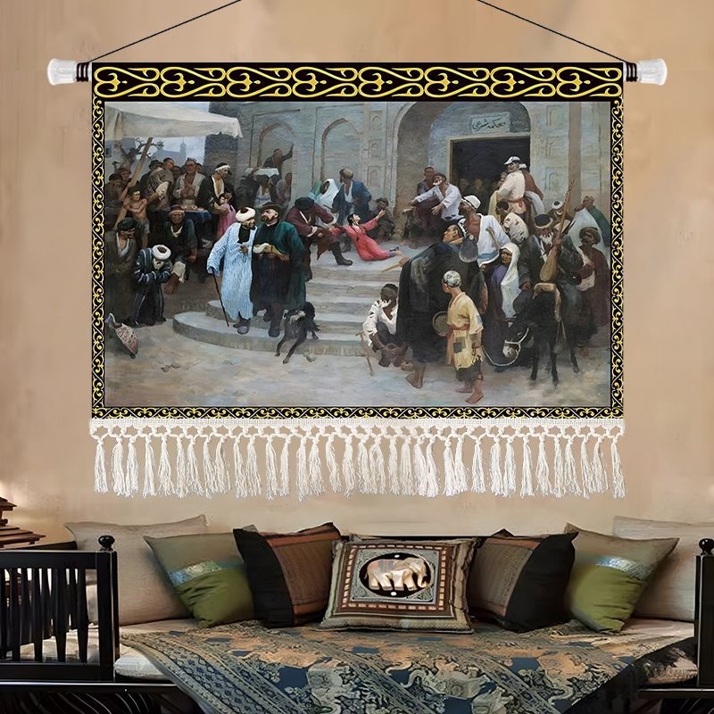 Olajfestmény-stílusú tájkép gobelin, etnikus dekoráció a nappaliba, 100% pamut