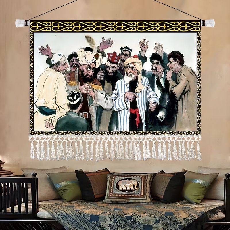 Olajfestmény-stílusú tájkép gobelin, etnikus dekoráció a nappaliba, 100% pamut