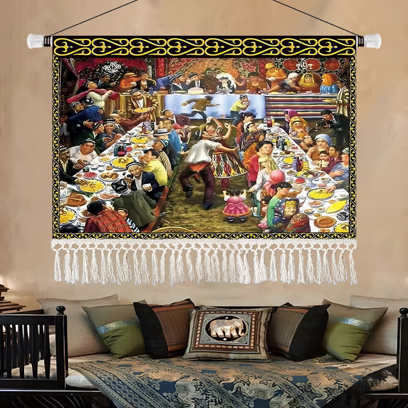 Olajfestmény-stílusú tájkép gobelin, etnikus dekoráció a nappaliba, 100% pamut