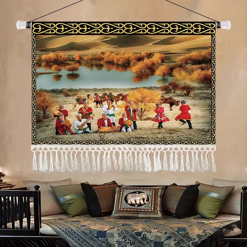 Olajfestmény-stílusú tájkép gobelin, etnikus dekoráció a nappaliba, 100% pamut