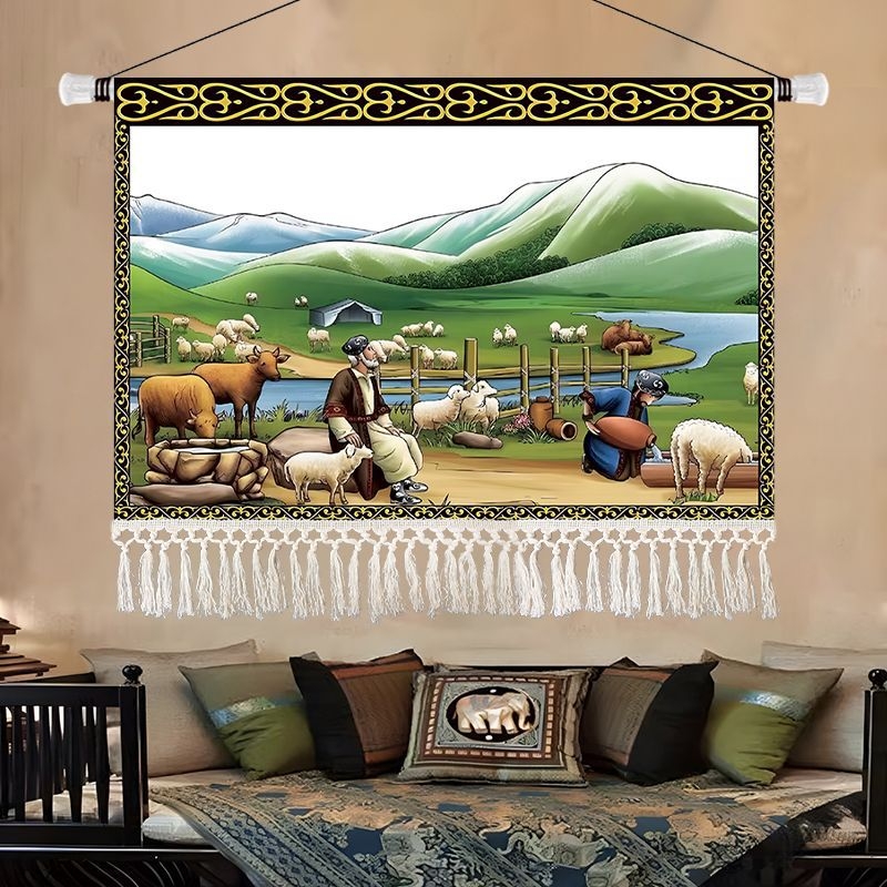 Olajfestmény-stílusú tájkép gobelin, etnikus dekoráció a nappaliba, 100% pamut