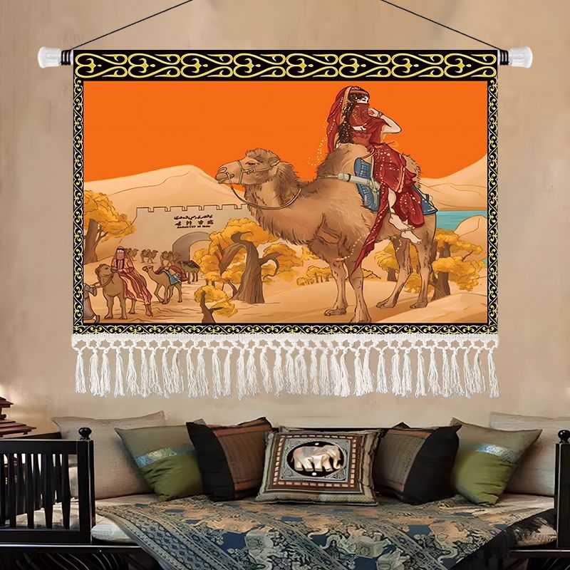 Olajfestmény-stílusú tájkép gobelin, etnikus dekoráció a nappaliba, 100% pamut