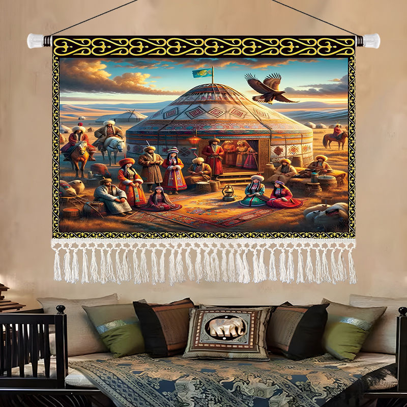 Olajfestmény-stílusú tájkép gobelin, etnikus dekoráció a nappaliba, 100% pamut