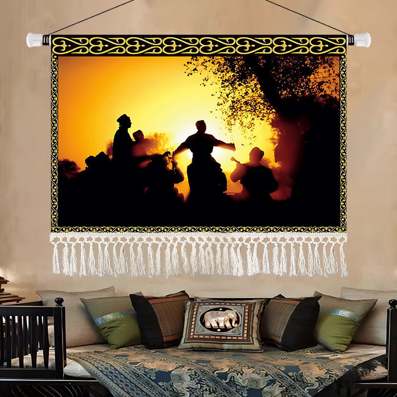 Olajfestmény-stílusú tájkép gobelin, etnikus dekoráció a nappaliba, 100% pamut