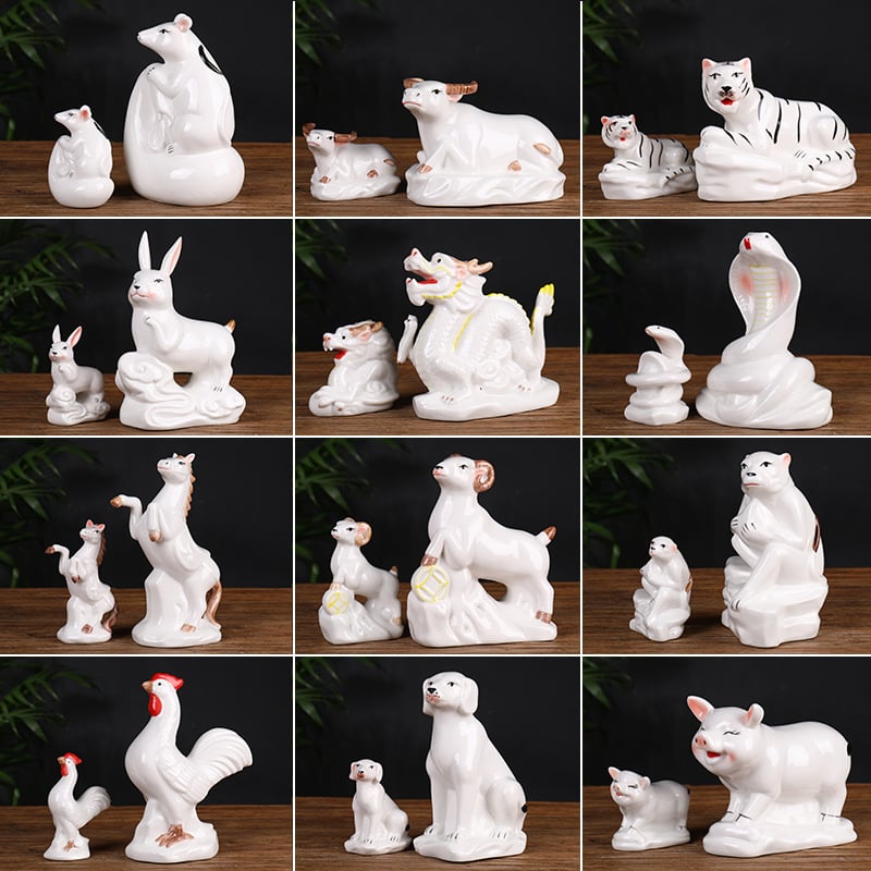 Keraminis Zodiako komplektas su 12 gyvūnų figūrėlėmis, skirtas svetainei ir darbo stalui, naujojo kinų stiliaus