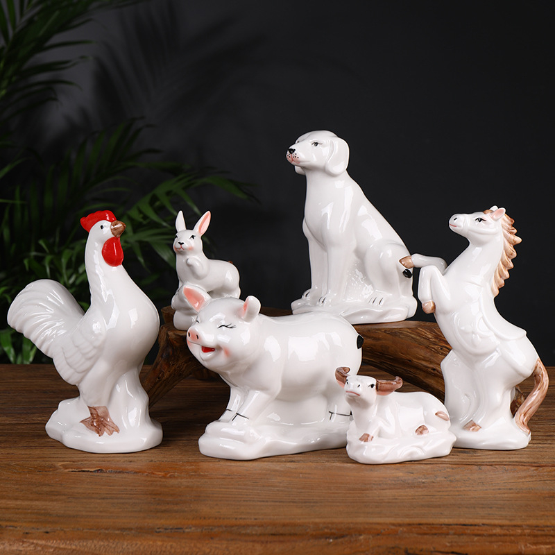 Keraminis Zodiako komplektas su 12 gyvūnų figūrėlėmis, skirtas svetainei ir darbo stalui, naujojo kinų stiliaus